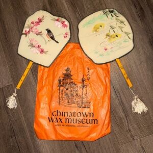 Lot of 2 Asian Silk Paddle Fans Hand Painted Koi Fish Ducklings Birds Butterfly